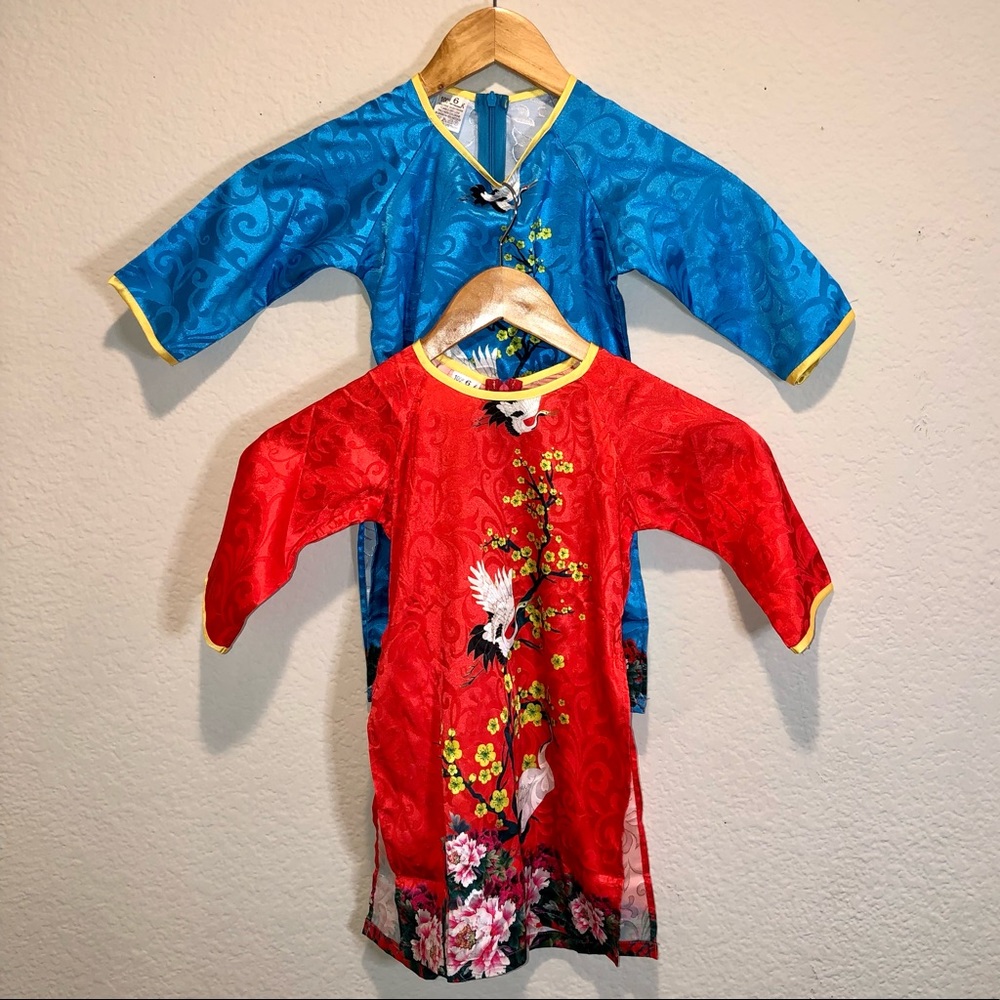 Girls' Silk Cheongsam Blue & Red Dresses Set Sz 6